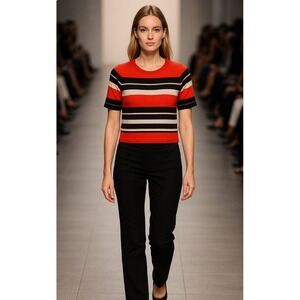 Jones New York Women's Striped Knit Top Crew Neck Red Black Cream Size S